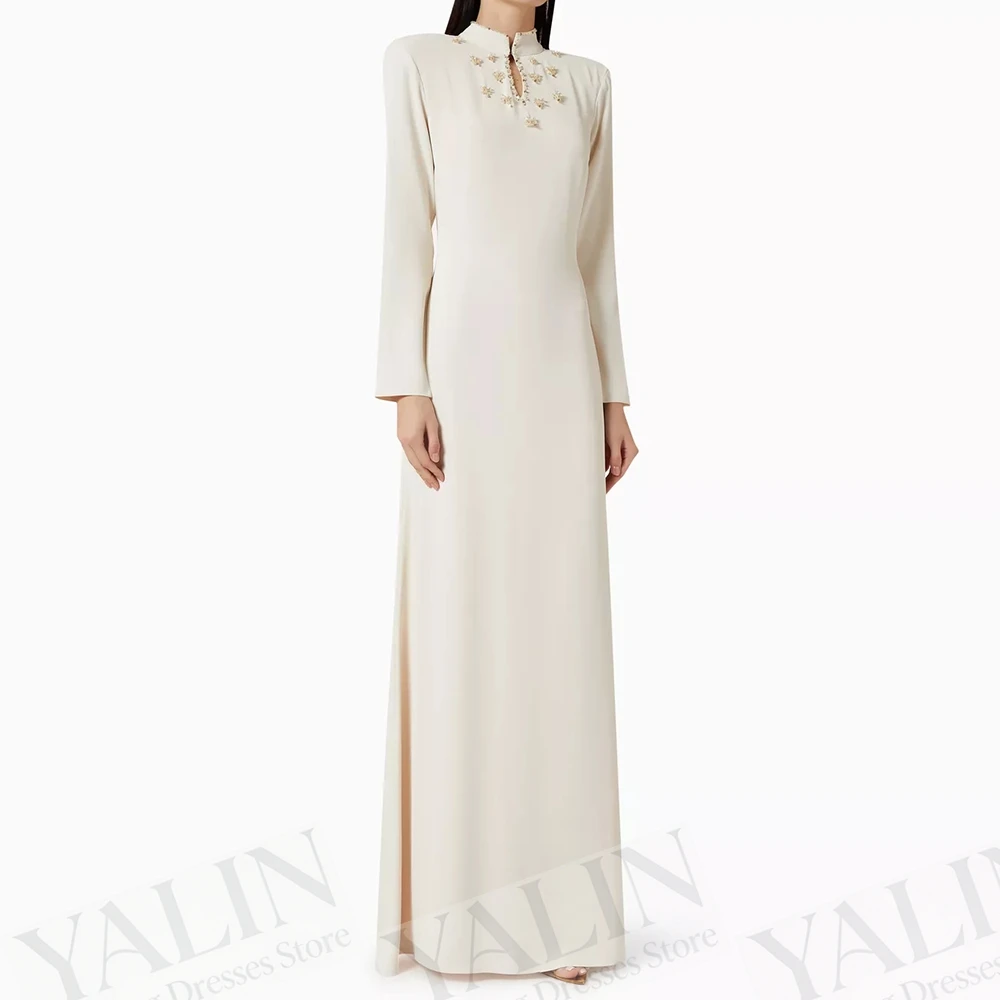 

Women's A-line Evening Dresses Floor-length High-neck Full Sleeve Prom Gown Fashion Sequined Simple Draped Customized Gowns