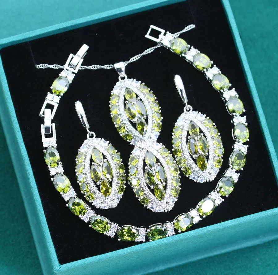 

Luxurious Dubai 925 Silver Bride Jewelry Sets Olive Green Stone Inlay For Women Earrings Rings Bracelet Necklace Set Day Gift