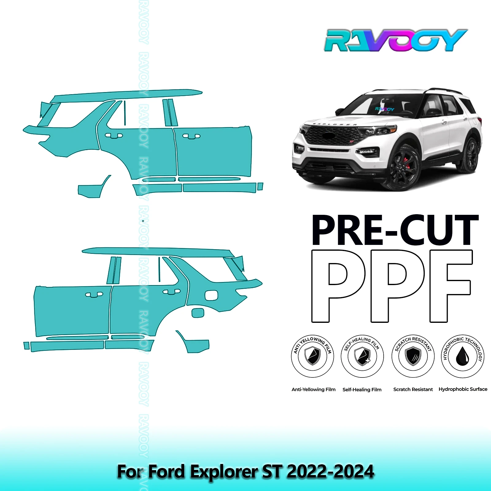 

Для Ford Explorer ST 2022-2024 8,5 мил прозрачный матовый предварительно вырезанный комплект PPF двери и стойки A/B, набор защитной пленки для краски из ТПУ