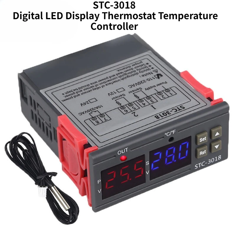 STC-3018 AC 220V 12V 24V Controlador de temperatura del termostato con pantalla LED digital, sonda del sensor NTC
