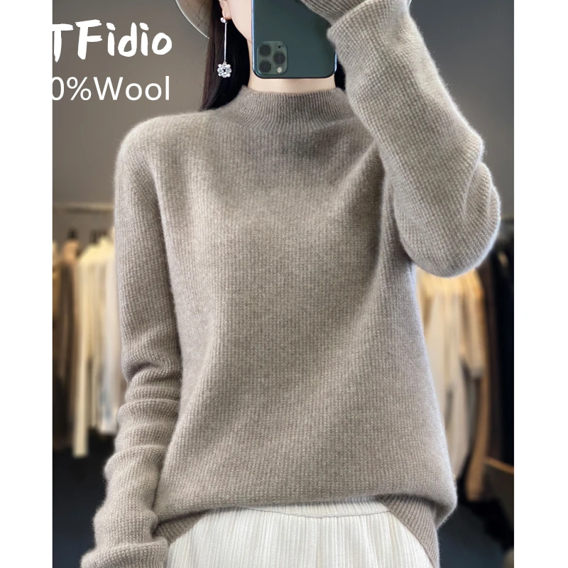 YTFidio 100% Wool Women Half High Collar Solid Slim Tops Outerwears Knitted Pullover Office Lady Solid Elastic Pullover 90