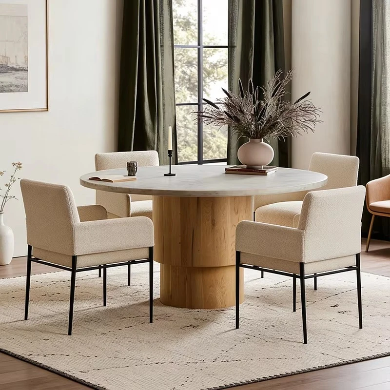 km-Round Dining Table with Natural Marble Top and Solid Wood Base Clean Lines and Organic Material Contrast Mesa De Comedor%