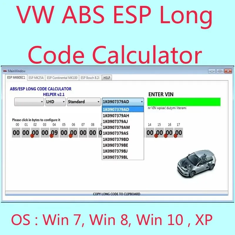Latest for VW ABS ESP Long Code Calculator Helper MK60EC1 ABS ESP Long Code Calculator software+ unlimited install+install video