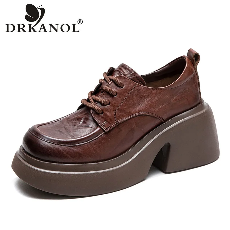 DRKANOL 2024 Fashion Women Platform Shoes British Style Retro Hand Scratch Pattern Genuine Cow Leather Thick High Heel Shoes