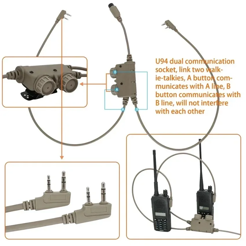 Dual Channel RAC Ken U94 PTT Adapter for 7.0 Jack Tactical Headphones Hunting Tactical Headphones
