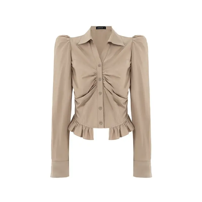 MiiiiX Office Lady Sweet Design Lange mouwen Vrouwen Blouse Herfst 2024 Dunne Korte Ruches Outerwears Top Vrouwelijke Kleding