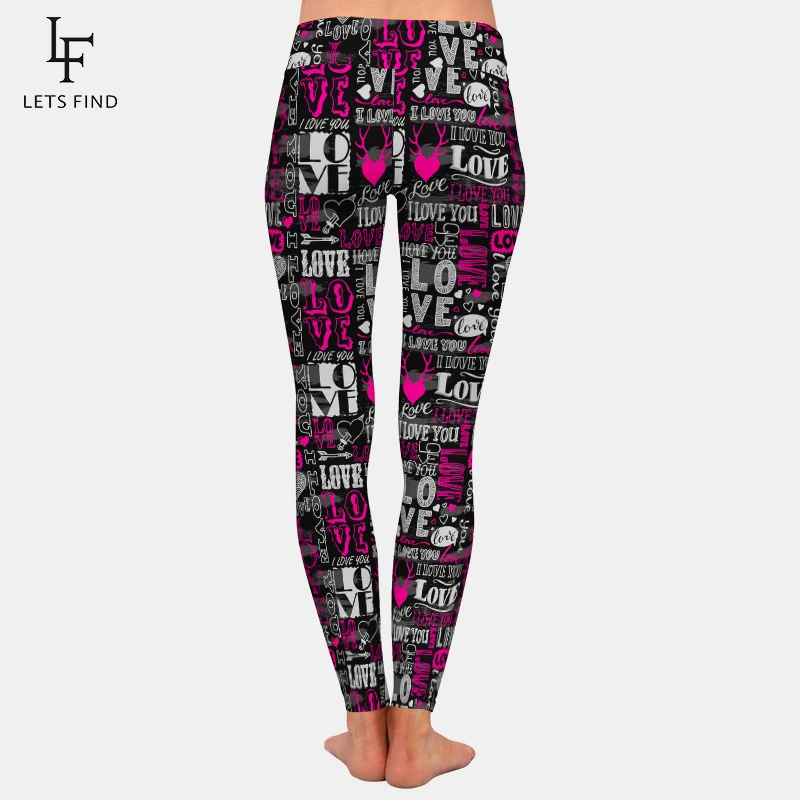 LETSFIND 220gsm doppio lato spazzolato seta latte stampa cuori e lettere Design pantaloni donna Leggings Fitness a vita alta