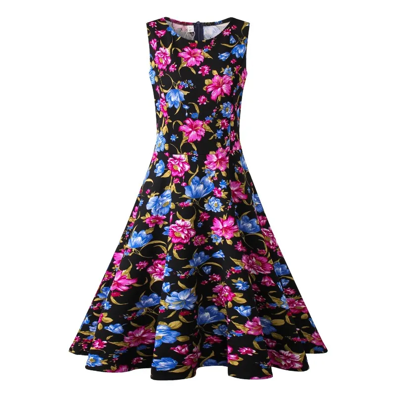 Hepburn Style Floral Printing Vintage Summer Dress New Women Sleeveless Large Swing Sexy Party Dress Plus Size S-3XL