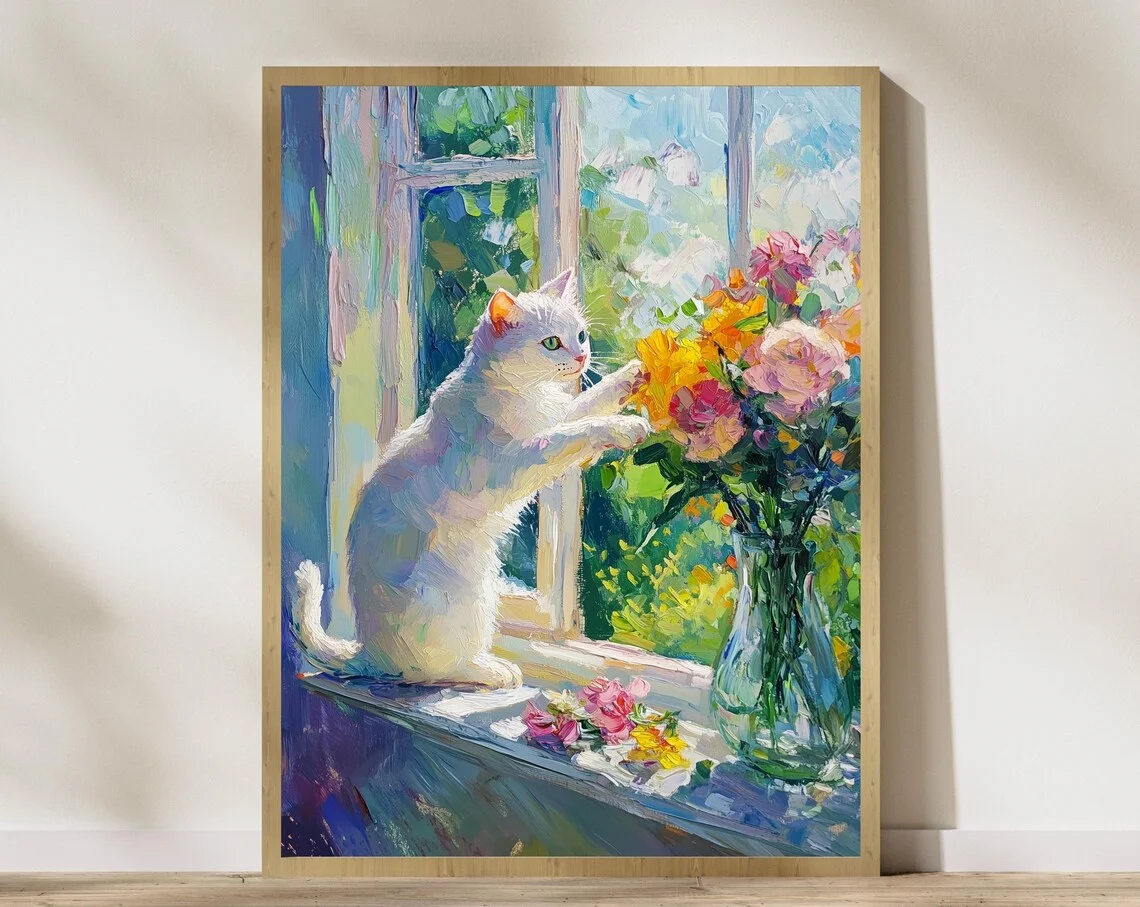 White Cat with Flowers Impasto Wall Print Decor - Vibrant Palette Knife Oil Painting of a White Cat Reaching for a Bouquet on