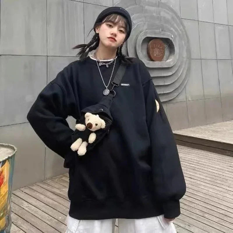 

Fashion Streetwear Tops with Bag Women Cute Black Sweatshirt Korean Style White Pullover Kawaii Harajuku BF Jumper Female Loose