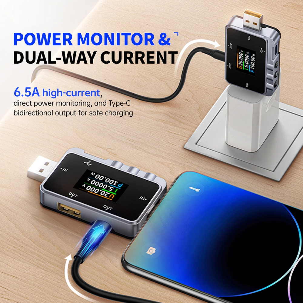 FNAC-28 2 IN 1 Type-C USB Tester Digital Voltmeter Ammeter Amperimetor Voltage Current Meter Power Bank Charger Measure 6.5A