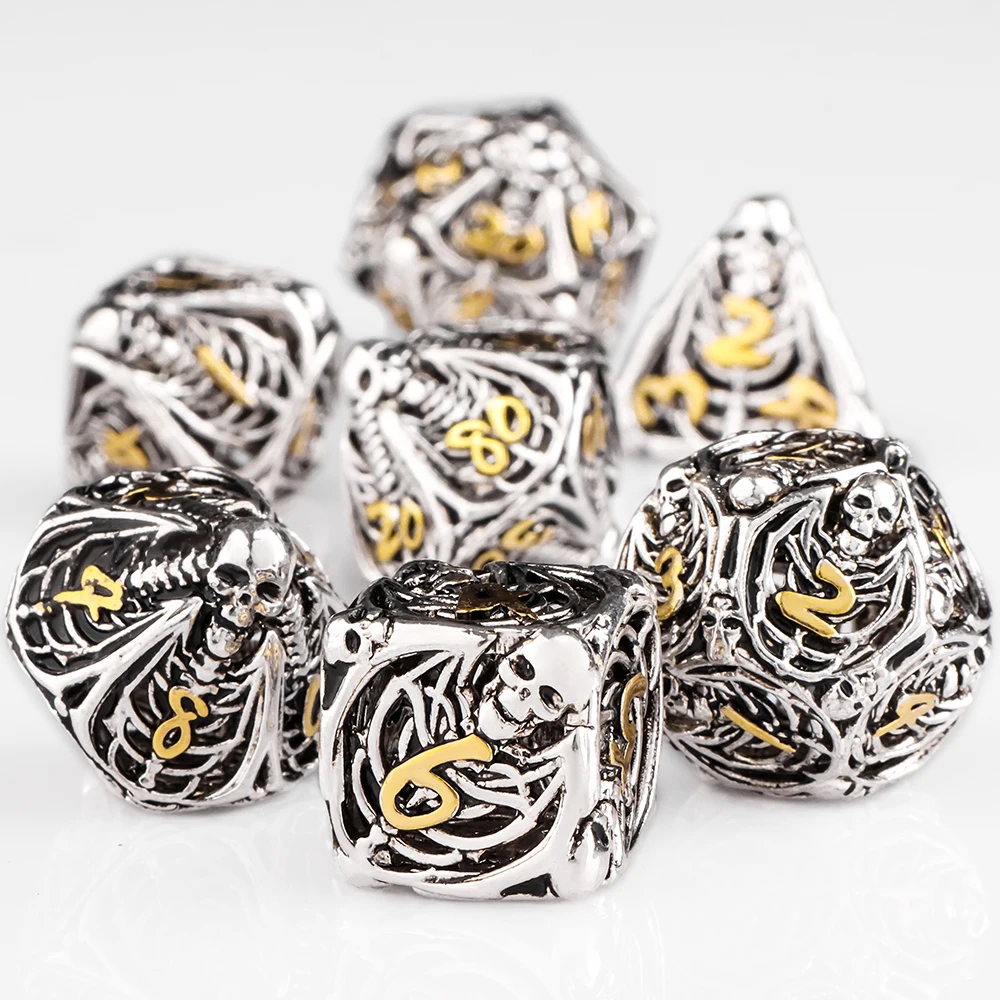 مجموعة نرد هيكل عظمي مجوف معدني لـ D&D - 7 قطع نرد متعدد السطوح مع D20، D12، D10، D8، D6، D4 - ألعاب RPG متعددة الألوان قابلة للجمع #1