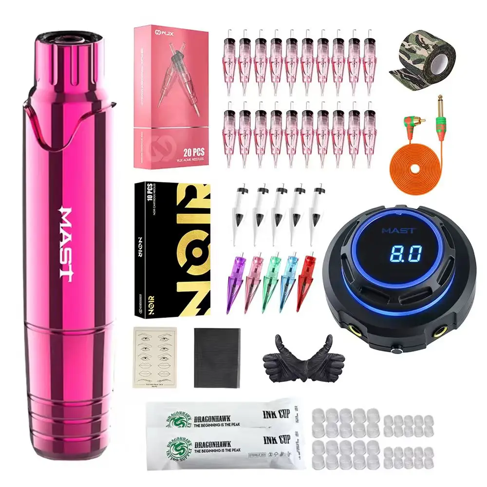 

Mast P10 Tattoo Kit Rotary Makeup Machine OLED Display Power Supply WJX RL Cartridge Noir Ballpoint Needles Practice Tattoo Set