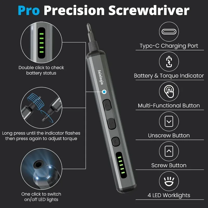 Sainlogic Electric Screwdriver Precision 68-in-1 Magnetic Bits, 5 Torque Settings, Max Electric 0.35 N.m, 4 LED Lights