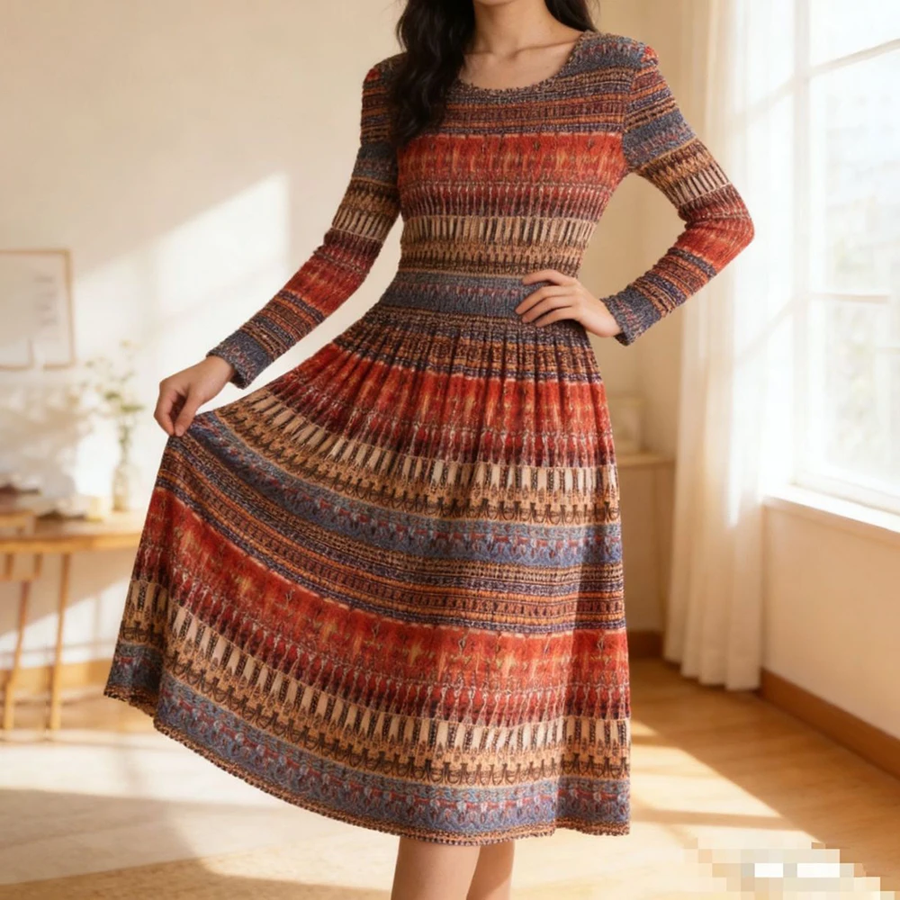

[Bohemia] Pleated autumn new fashionable middle-aged mother large size loose and thin skirt maxi dresses for women