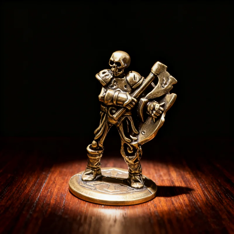 

Antique Solid Brass Skeleton Warrior Statue, Battle-Axe & Shield Fighter Mini Figurine, Vintage Desktop Decor Collectible Gift