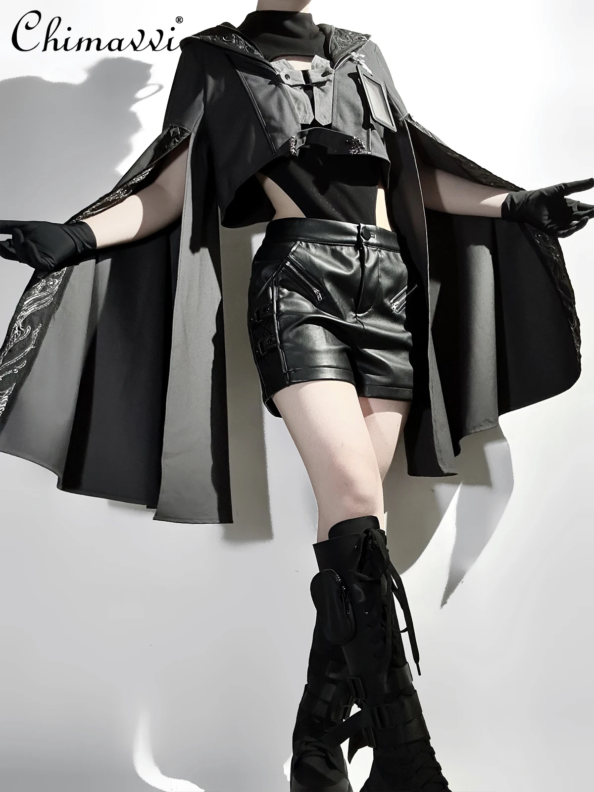 

Lolita Dark Cool Girl Functional Style Shorts Set Autumn New Cos Long-sleeved Jacket Top and Shorts Goth Punk Women's Outfits