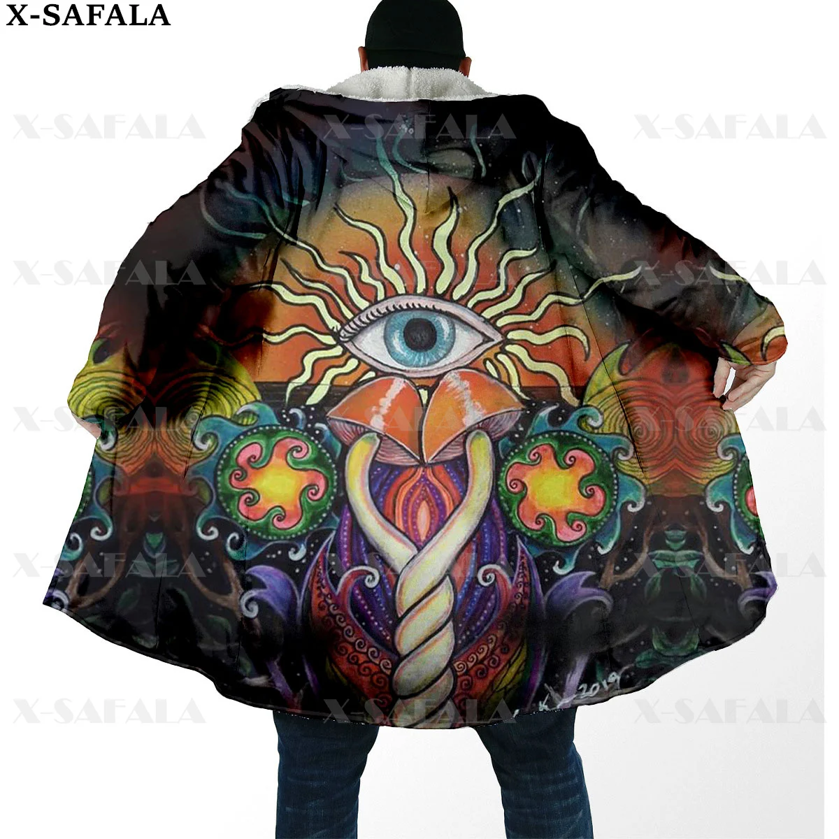 Mushroom Hippie Psychedelic Colorful Trippy Thick Warm Hooded Cloak Men Overcoat Coat Windproof Fleece Cape Robe Hooded Blanket6