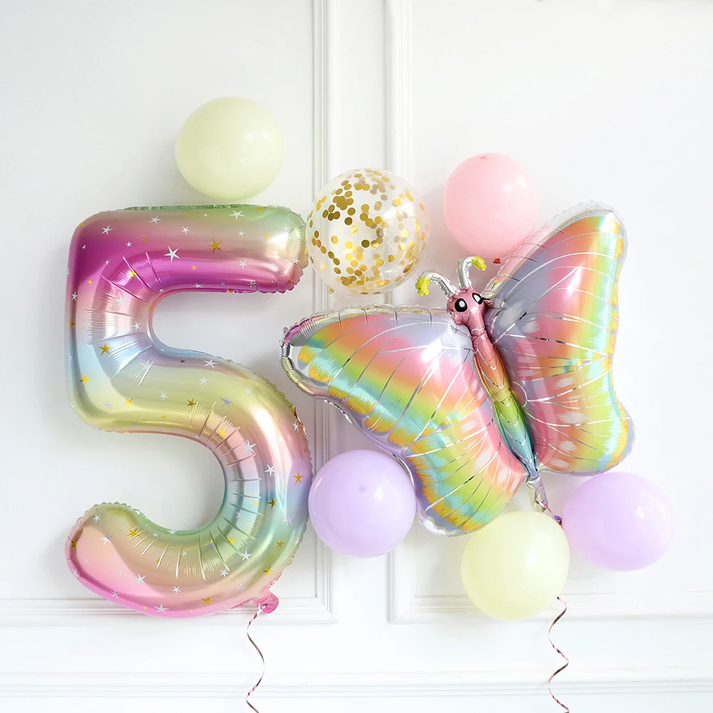 8pcs Large Gradient Rainbow Butterfly Balloon 40inch Number Balloon Girl Baby Shower Helium Balloon Birthday Party Wedding Globo