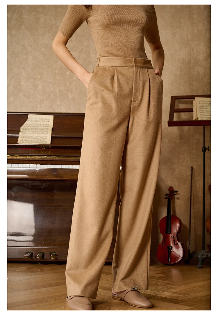 Fengbaoyu Autumn Winter Camel Wool Ladies Wide Leg Pants Silky Drop High-end Camel High-waisted Pants Fashionable Retro British