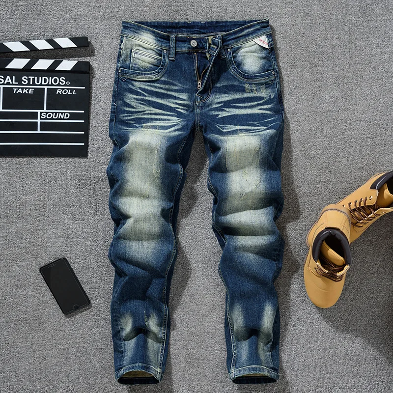 Korean style trendy street blue denim pants for men, retro and nostalgic, heavy weight slim fit straight leg distressed jeans