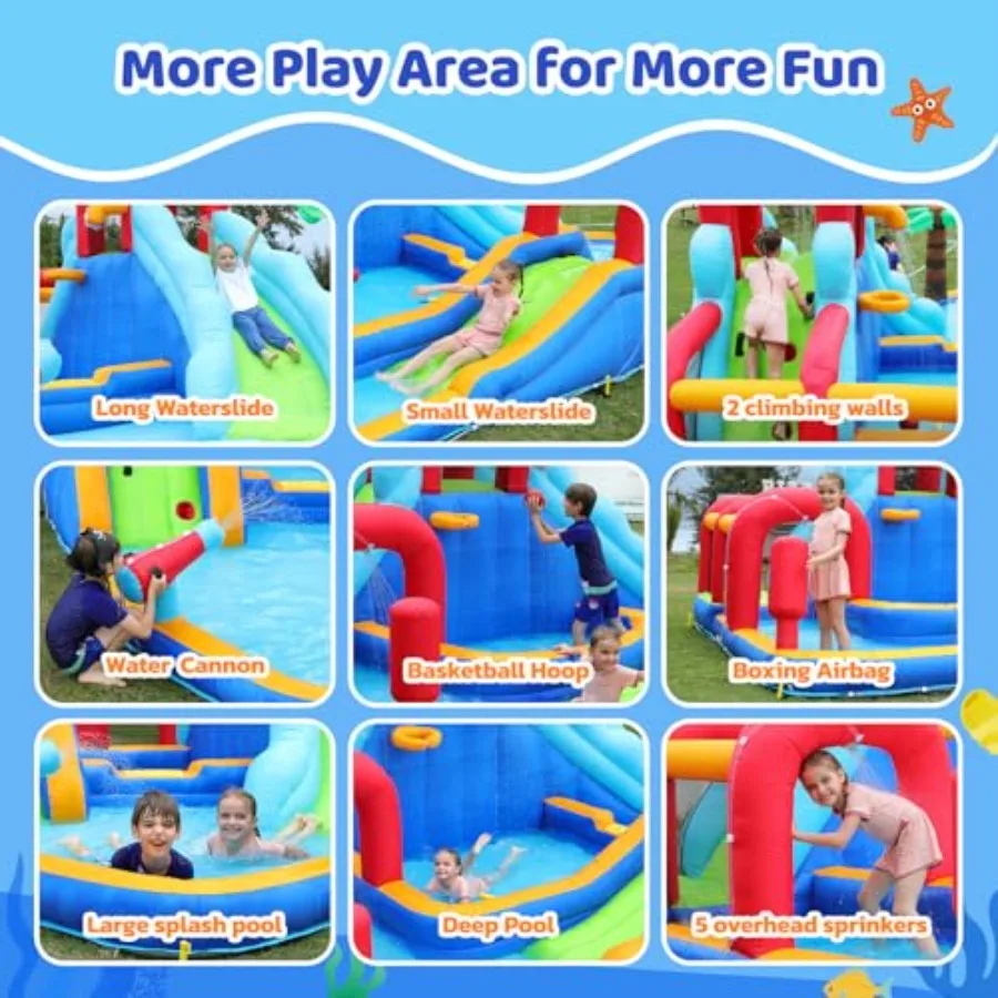 Backyard inflatable water slide bounce house: PVC blue/red 10-in-1 water park with blower dual slides dual climbing walls dual view 5