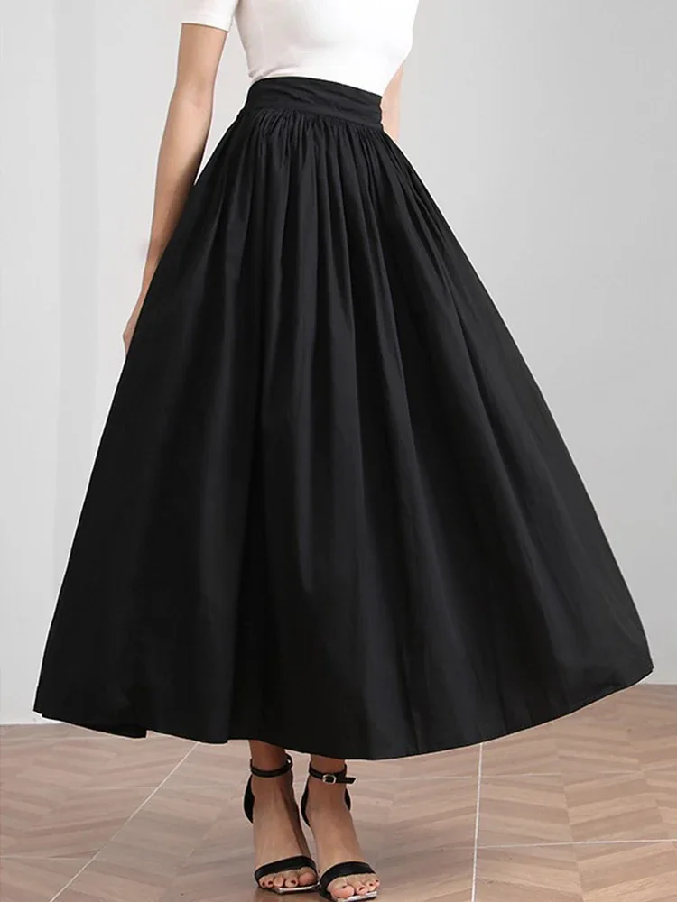 

New Spring Summer All-match Women Black Skirts Elastic High Waist A-line Pettiskirt Mid-long Solid Elegant Lady Hepburn Skirts