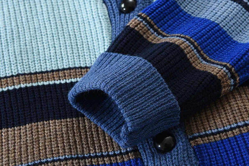 Herren Schalkragen Strickjacke Herbst Winter Farbblock Gestreifter Pullover Vintage Knopfleiste Lässige Lose Oberbekleidung Für M – Detail 13