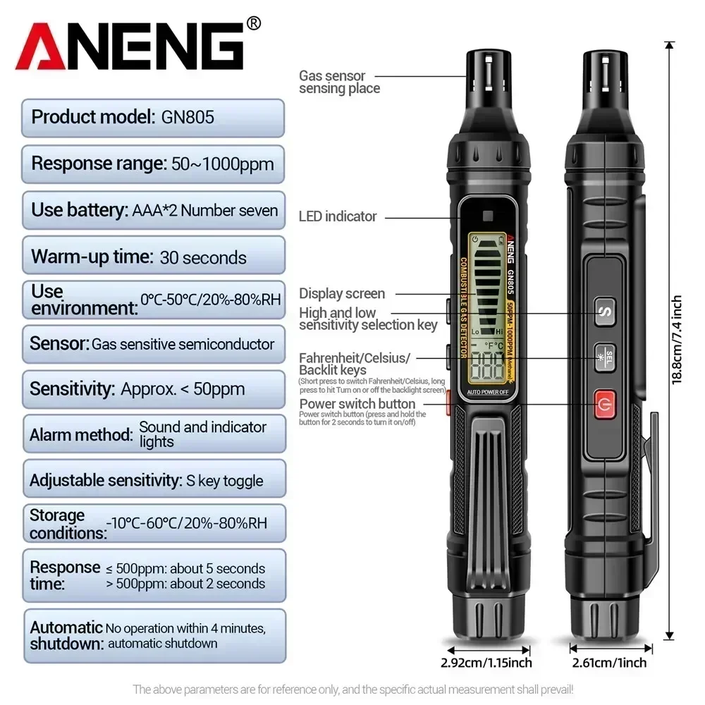 Multi Gas Leak Detector ANENG GN805 Sound Light Alarm LCD Backlight Portable 50-10000PPM Flammable Alcohol Methane Analyzer