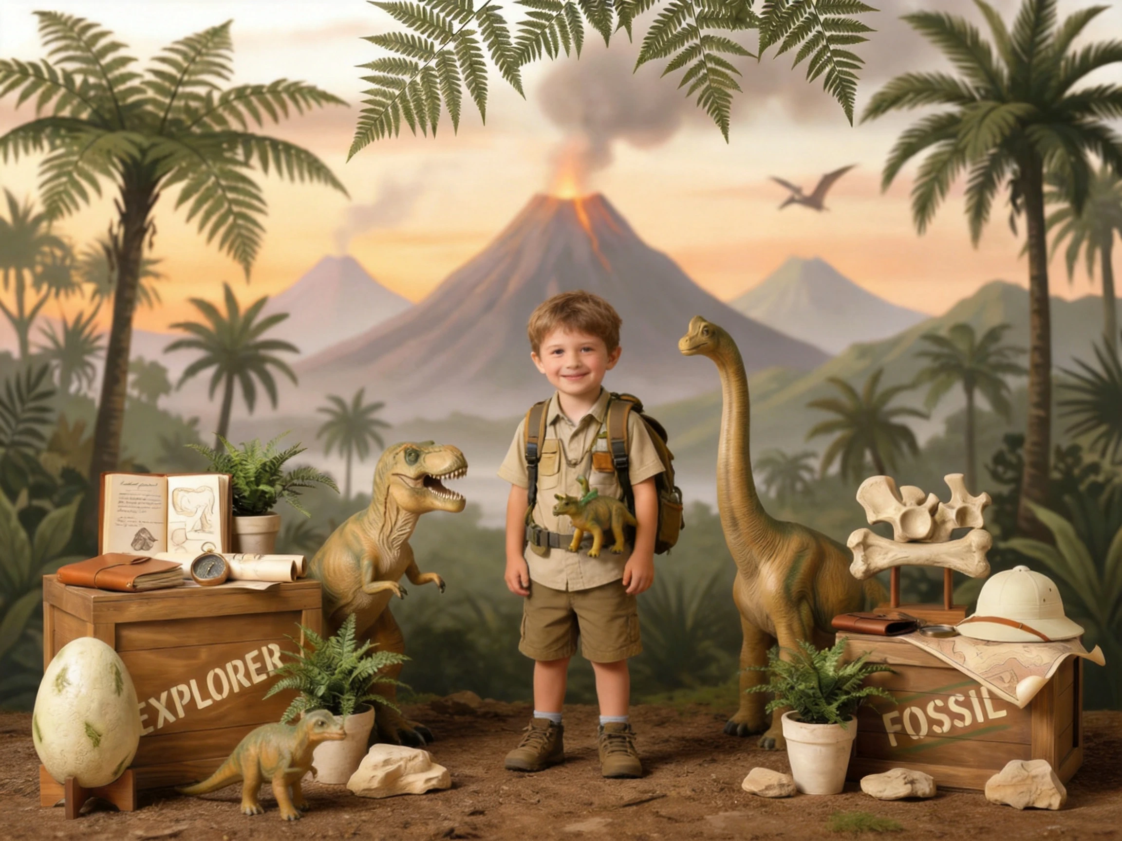 Dinosaur Explorer Fossil Paleo Jungle Volcano Photo Backdrop For Little Boy Kids Children Portrait Photography Studio Props