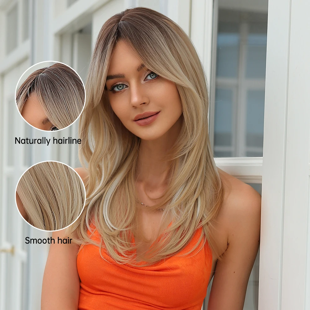 긴 직선 계층화 된 합성 가발 금발 플래티넘 하이라이트 가발 (Bangs 포함) 코스프레 매일 사용 내열성 가발 여성용
