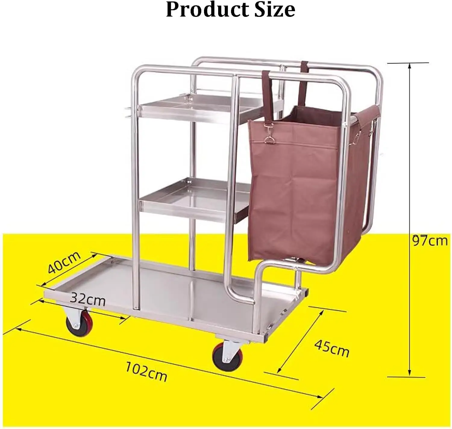 Stainless Steel Cleaning Cart, Commercial Traditional Housekeeping Service Carts, Cleaning Supplies Tool Cart Cleaning Rrolley