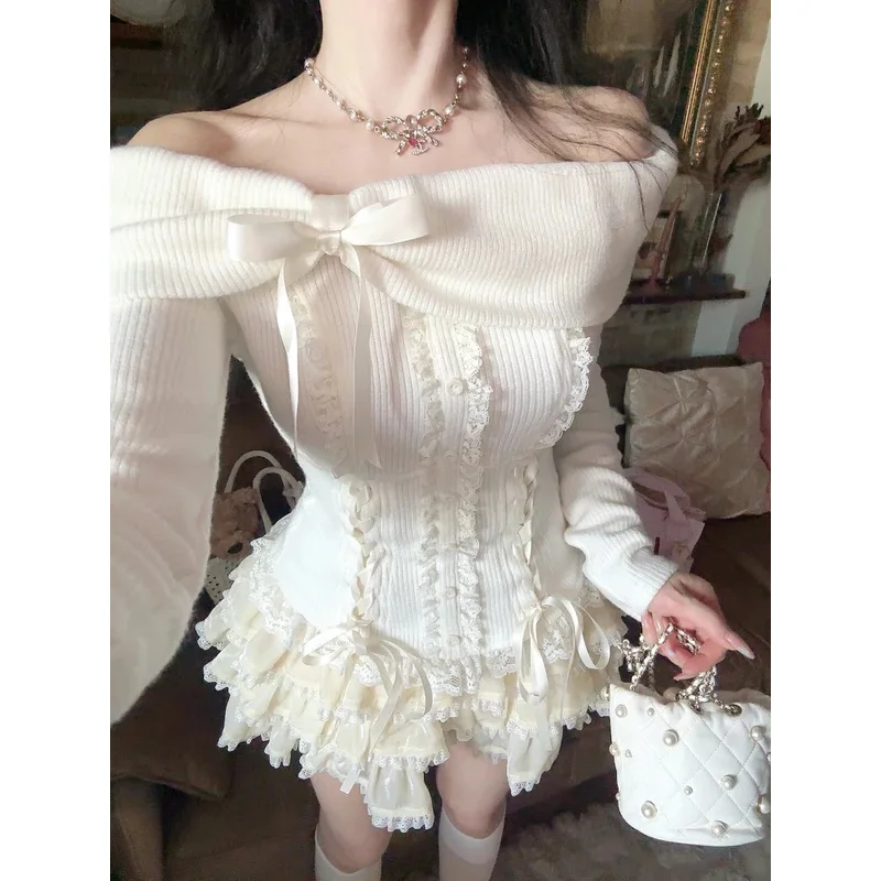 

Japanese Style Kawaii 2 Piece Set Woman Off Shoulder Fit Knitted Sweater + Y2k E-girls Slim Mini Sweet Lace Cake Skirt Design