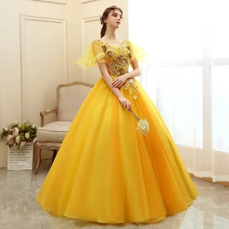 فستان سهرة ذهبي أنيق جديد للولائم الصيفية نمط طويل زهرة الجنية منفردة الفن امتحان الأداء فستان منتفخ تنورة موضوع الاستوديو #1
