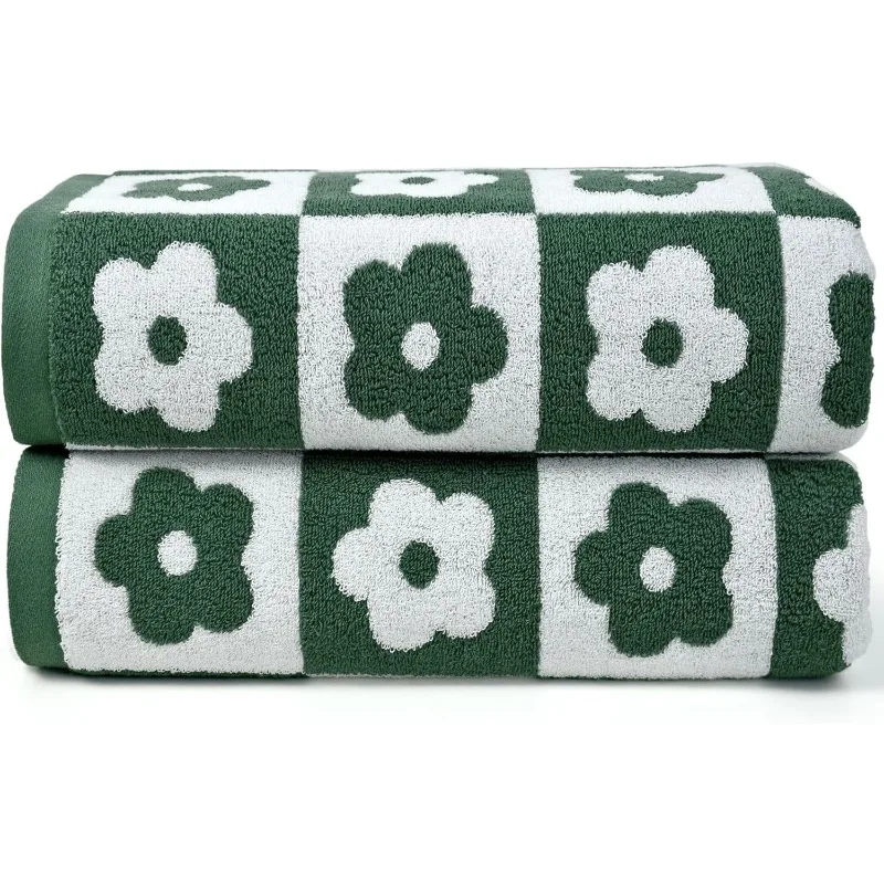 

Green Bath Towels Set of 2 Checkered Floral - Quick Dry Cotton Towels Decorative Bathroom Essentials