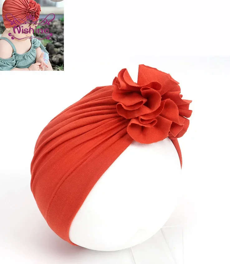 1PCS Baby Turban Hat with Pleated Flowers Cotton Newborn Beanie Kids Photo Props Girls Shower Gift Birthday Hats Headwear