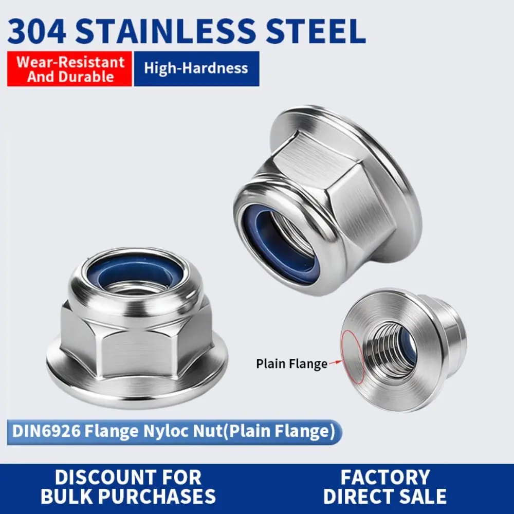 New Stainless Steel Flange Lock Nuts Anti Loose Silver Nylon Lock Nuts Nylon Insert Hex Flanged Nuts GB Standard