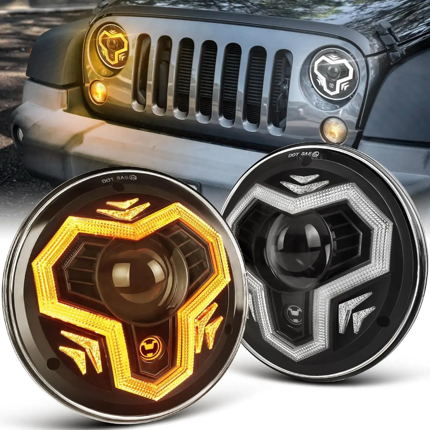OVOVS 7 Inch Round LED Headlights DRL Turn Signal Hi Lo Beam White For Jeep Wrangler JK JKU TJ LJ CJ Hummer H1 H2 1997-2018