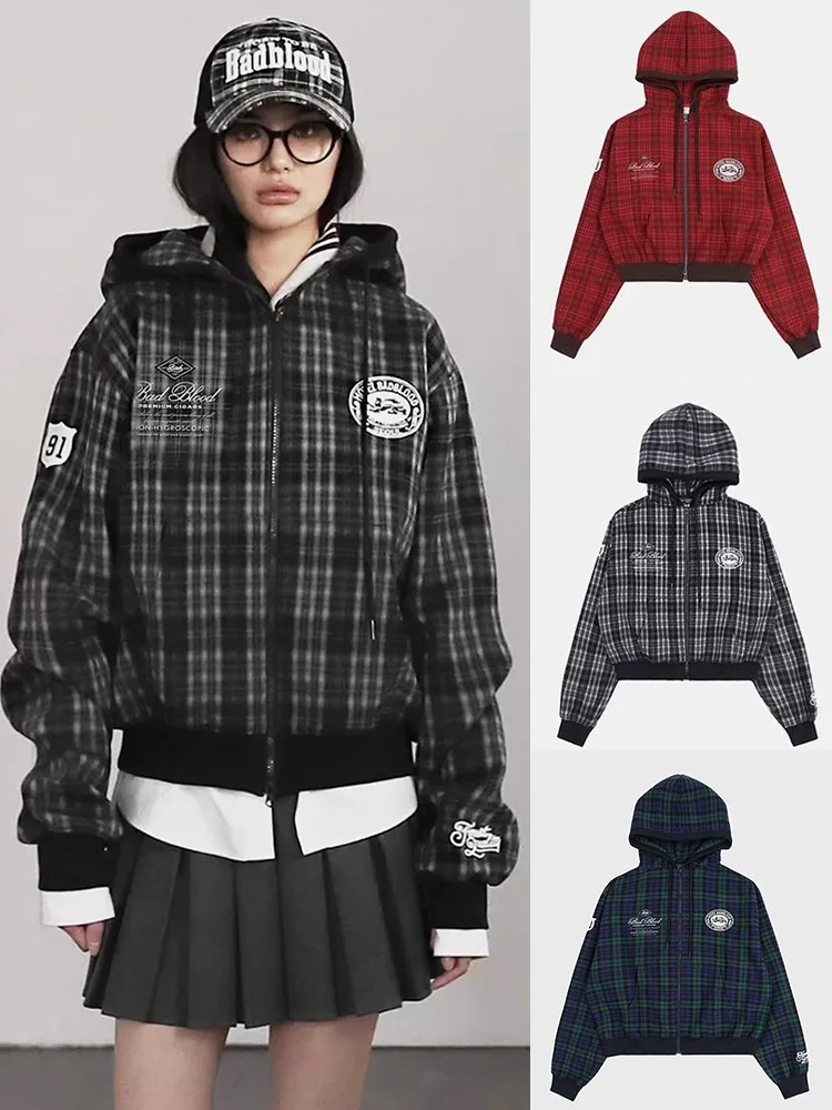 

Женская толстовка в клетку в стиле ретро: модный американский спортивный повседневный кардиган свободного кроя с длинными рукавами на молнии