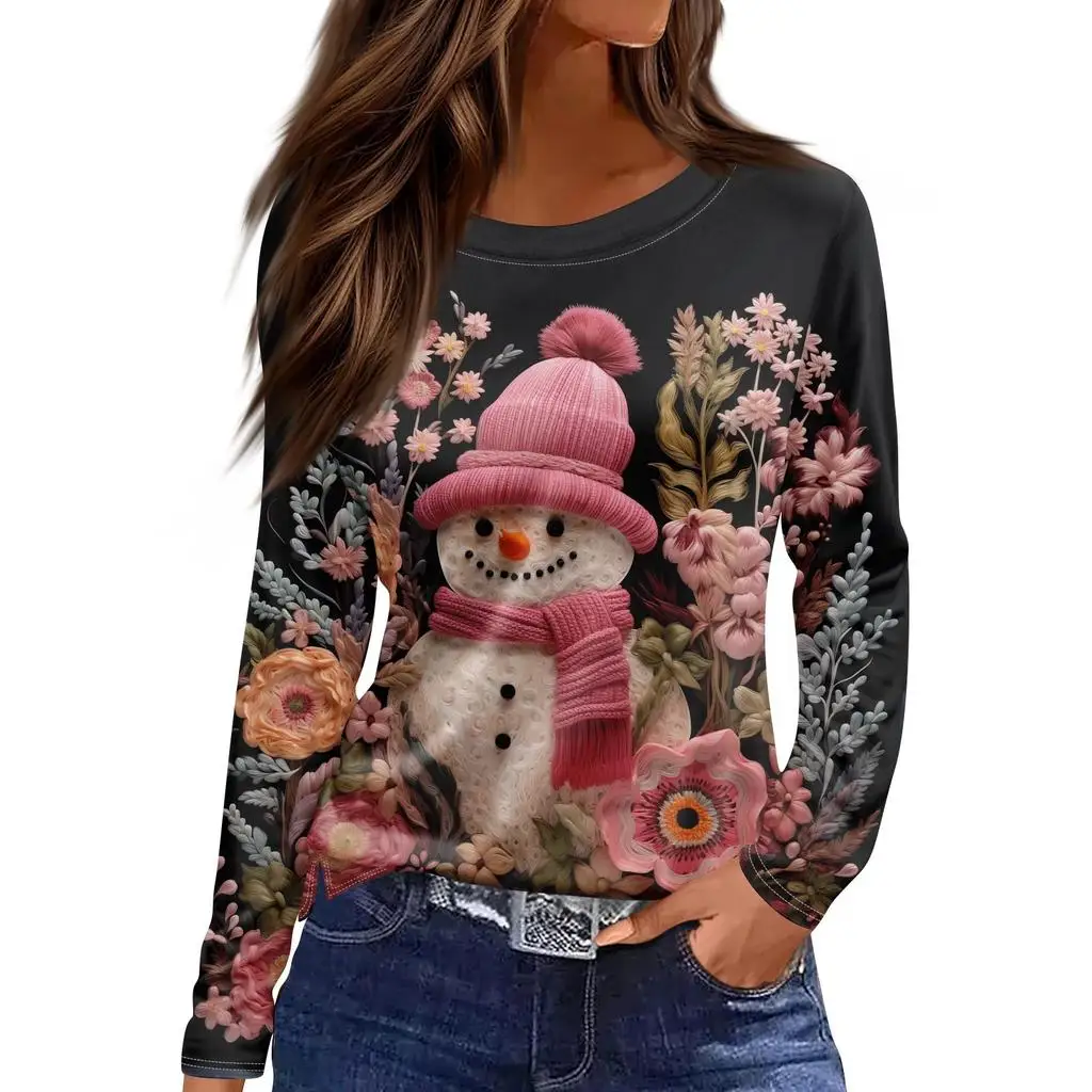 

Women's 3D Winter Snowman Printed Round Neck Long Sleeve T-shirt Casual Long Sleeve Top Trendy Loose Polyester Women's Top