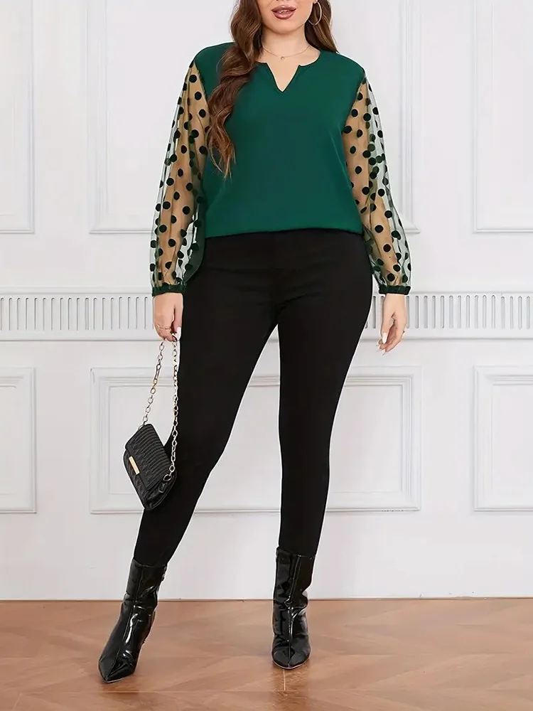 GIBSIE Plus Size Notch Neck Dot Mesh Long Sleeve Blouse Women Spring Summer Black Elegant Office Ladies Casual Tops Blouses