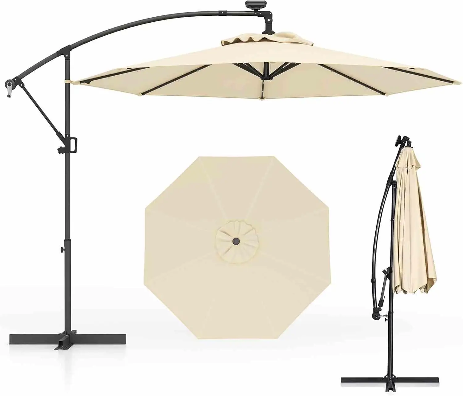 Solar LED Offset Cantilever Umbrella, Large Patio Umbrella with Easy Tilt Adjustment, Crank Handle, Cross Base, 360-Degree Rotat