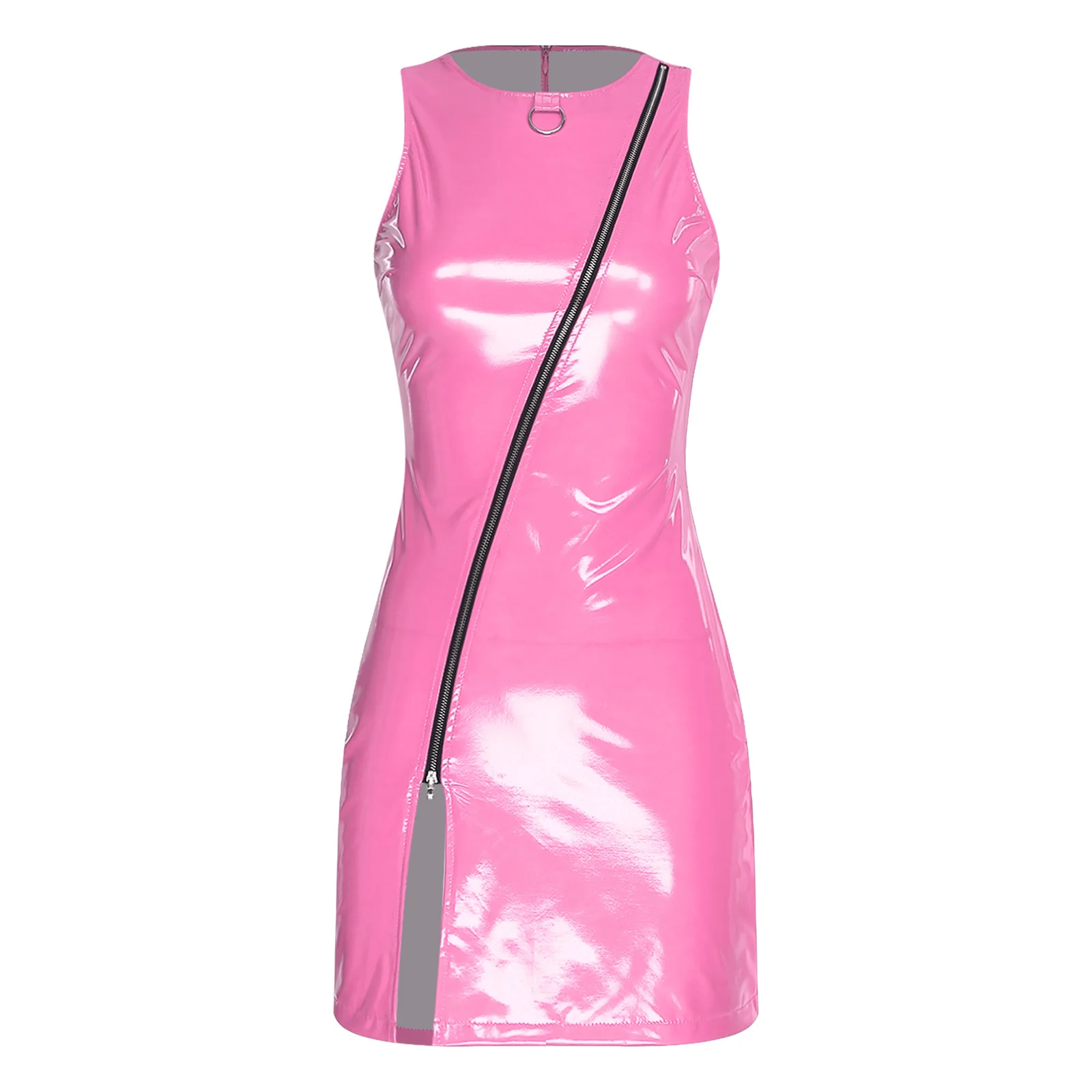 فستان نسائي قصير من جلد البولي يوريثان اللامع بسحاب أمامي مائل وحلقة دائرية بدون أكمام وحاشية شق فستان ضيق لحفلات النادي
