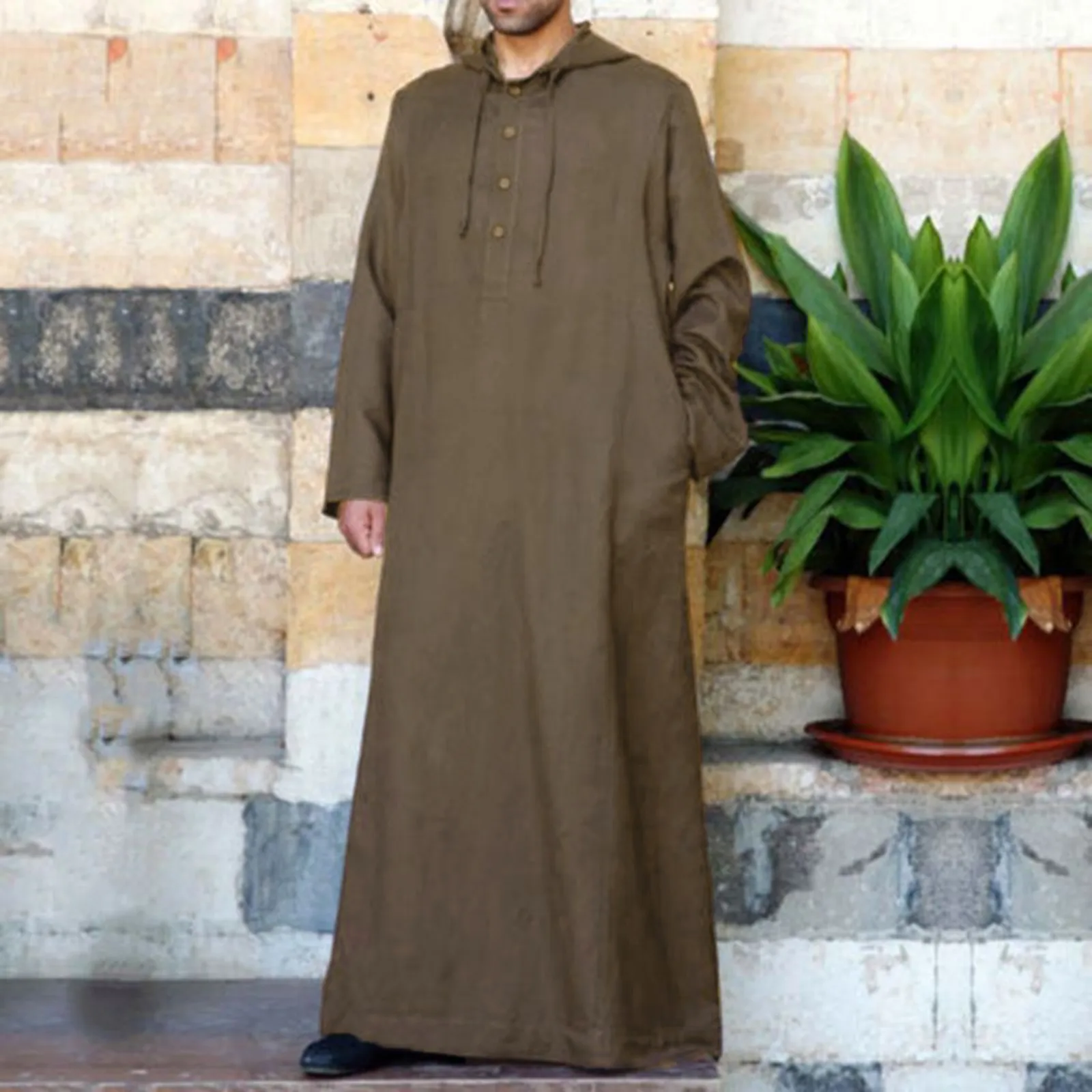 

2025 New Long Muslim Robes Men's Fashion Buttons Stand Neck Hooded Muslim Ramadan Prayer Clothing Male Dubai Israel Robes