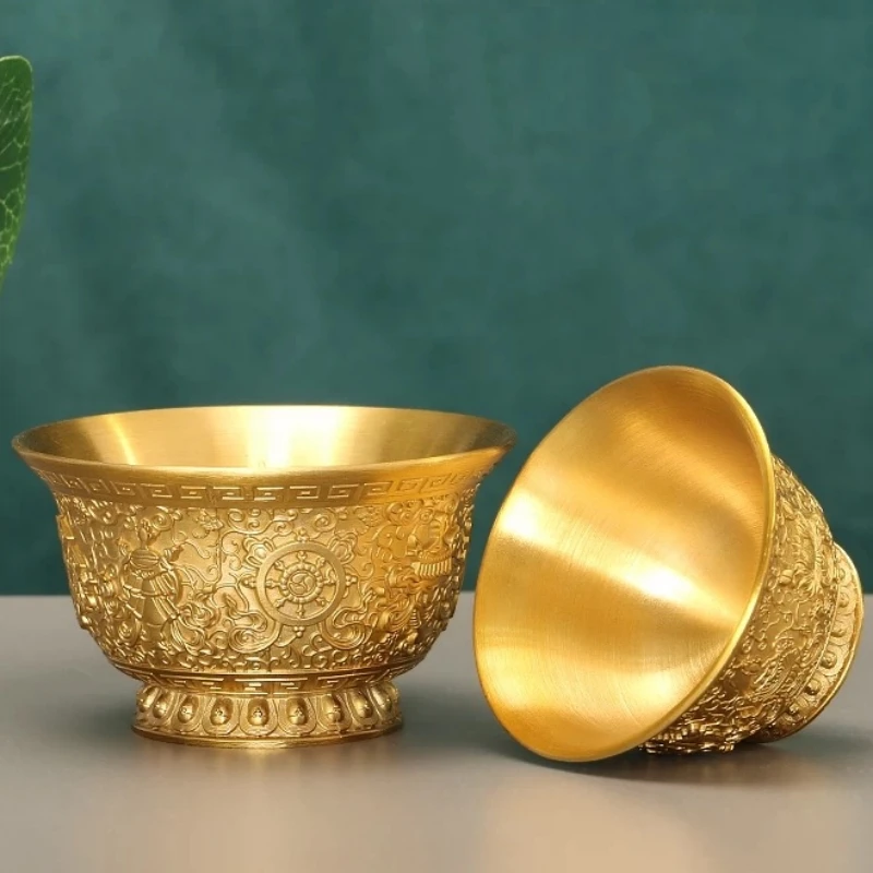 

Tibetan Holy Water Bowl,Tantra Handicraft Golden Buddhism Altars Engraving Eight Auspicious Copper Bowl,Buddhist Item ,8.5 cm