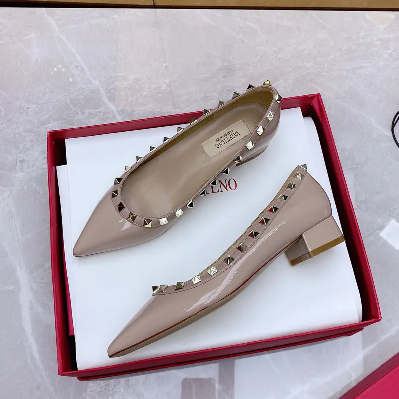 Nude Women Shoes Leather Luxury Brand Rivets High Heels Shoes Designer Pumps Pointed toe Casual Squar Heel Prom Ladies Shoes