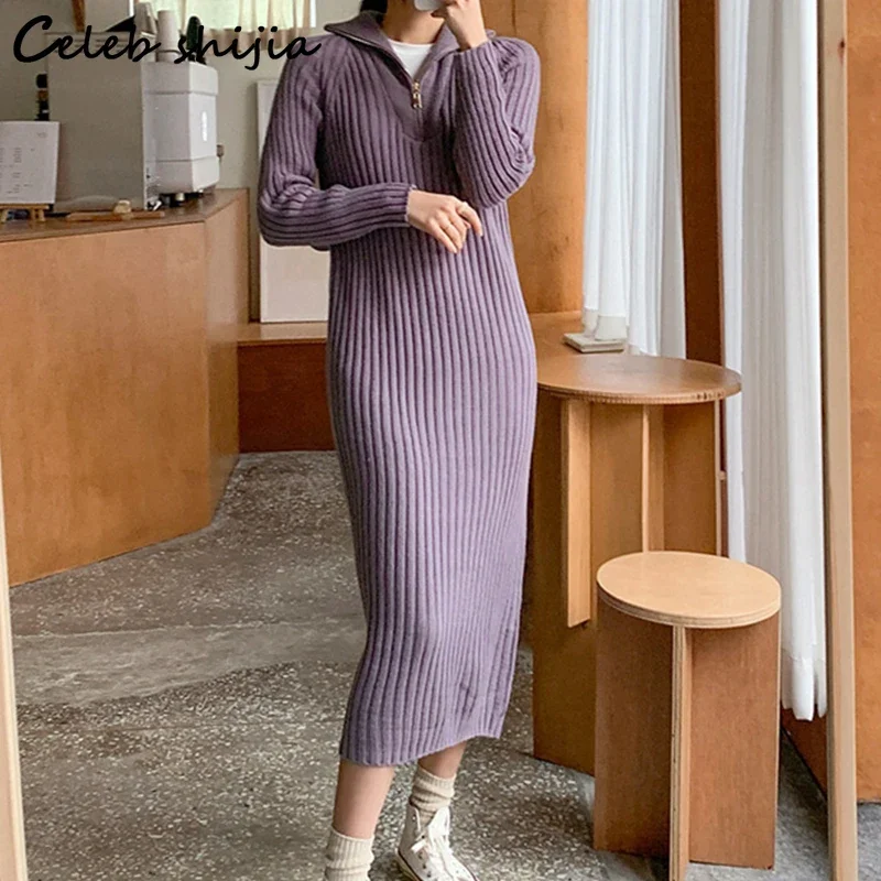 Turtleneck Zipper Sweater Dress Women Autumn Thicken Long Knitted Dresss for Women Clothing Winter Vintage Knitwear Vestido