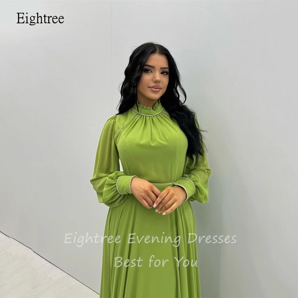 Eightree Green A-line Prom Gowns Full Sleeve Formal Party Gown Floor Length Chiffon Evening Dress vestidos de fiesta Custom Made