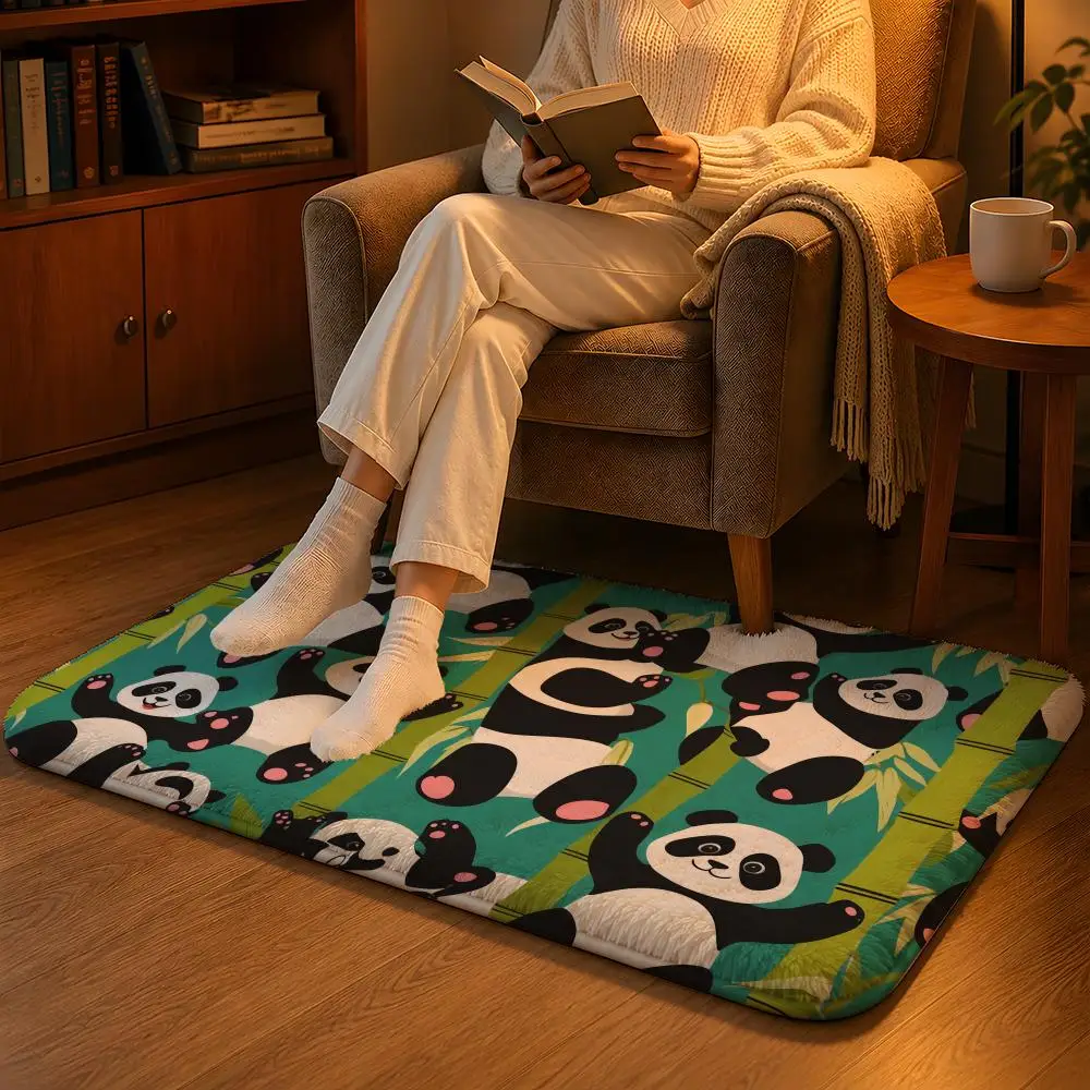 Cute Cartoon Panda Floor Mat Soft Flannel Non-Slip Rug Washable Floor Mat for Living Room Bedroom Home Decor