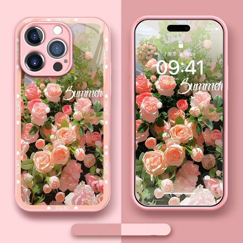 

Elegant pink Rose glass phone case for iPhone 14 13 12 Pro Max luxury colorful oil painting casing hard shockproof cover